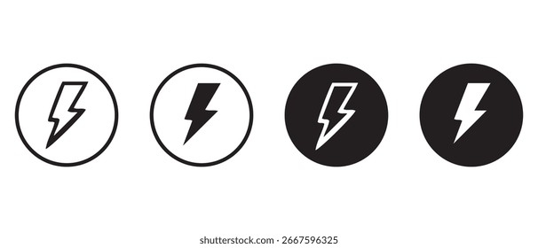 Conjunto de iconos de perno de relámpago. Símbolos de poder circulares en blanco y negro.
