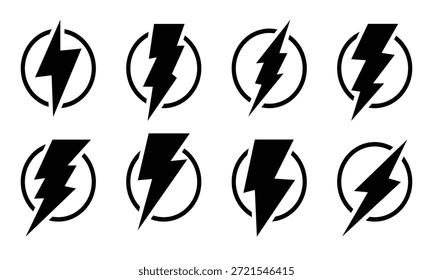 Conjunto de ícones de raio. Design de silhueta preta para símbolo de energia, design de eletricidade, clipart de energia. Ícones de trovão isolados em fundo branco.