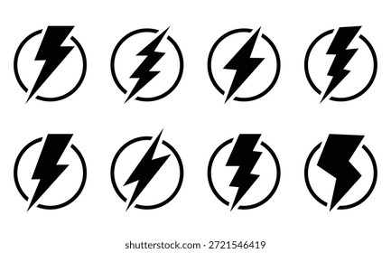 Conjunto de iconos de relámpago. Diseño negro de la silueta para el símbolo de la energía, diseño eléctrico, Clipart de energía. Iconos del trueno aislados en el fondo blanco.