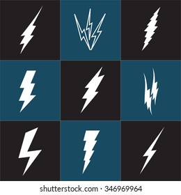 Lightning Bolt icon. Set of black icons storm lightning. Thunderbolt silhouettes. Set of Thunder Lighting Icons. Lightning bolt vector. Lightning strike icon. Easy to use.