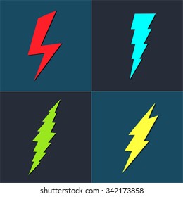 Lightning Bolt icon. Set of colored icons storm lightning. Thunderbolt silhouettes. 