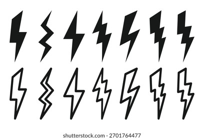 Lightning Bolt Icon Set. Electric Power Symbols and Energy Flash Signs. Thunderbolt Vector Collection. Black solid and outline versions.