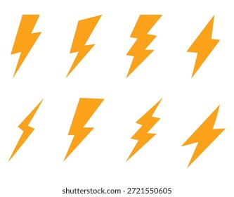 Lightning bolt icon set, energy symbol vector pack. Yellow thunder bolt lightning icons for warning and electricity. Minimalist thunder electricity vector collection isolated on white background.