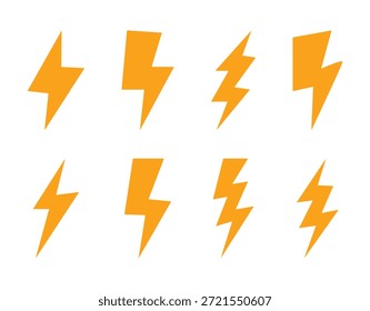 Lightning bolt icon set, energy symbol vector pack. Yellow thunder bolt lightning icons for warning and electricity. Minimalist thunder electricity vector collection isolated on white background.