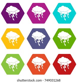 Lightning bolt icon set many color hexahedron isolated on white vector illustration