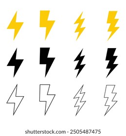 lightning bolt icon set in out line and filled color