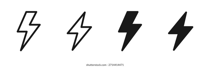 Lightning bolt icon set in outline and silhouette style representing electrical power, energy, electricity, and high voltage symbol vector illustration