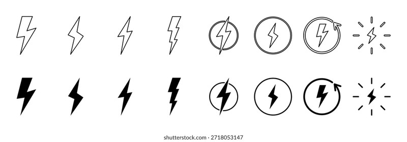 Blitz-Blitz-Icon-Set, Kraft- und Energie-Symbole in Umrissen und soliden Stil.