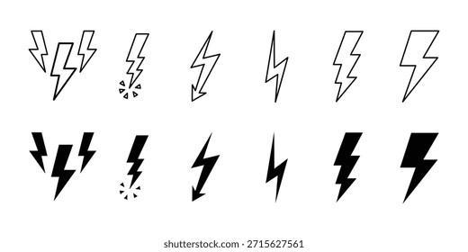 Conjunto de ícones de raio. Símbolo de raio. Logotipo da energia elétrica