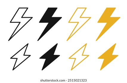 Lightning bolt icon set. Vector lightning logo featuring electric symbols, thunder, and lightning designs. Lightning bolt signs and icons isolated on a white background