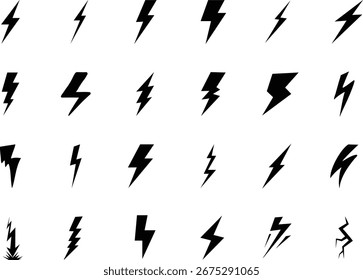 Lightning Bolt Icon Set (Conjunto de ícones de raio). Símbolos de Thunderbolt de vetor, coleção de silhuetas de flash de energia elétrica. silhueta preta relâmpago ícone conjunto.