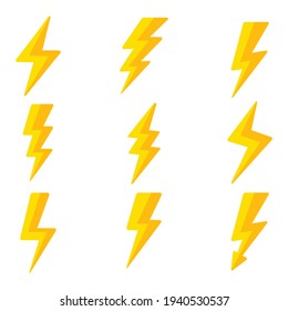 Lightning bolt icon set, yellow Thunderbolt isolated on white background, flash electric symbol, Vector illustration