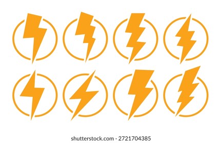 Lightning Bolt Icon Set in yellow color and different Style.  Yellow lightning bolt icons ideal for electric thunder shapes, modern flat energy design symbols illustration. Isolated on white background.