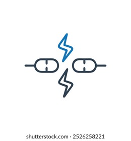 Lightning bolt icon, Two pronged power cord symbol, Electric power cord icon