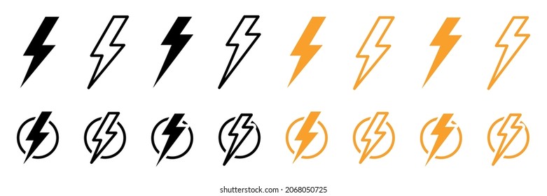 Lightning bolt icon. Vector lightning logo electric, set of thunder and lightning . Lightning bolt signs, icons isolated over white background. Electric power, storm. Vector.