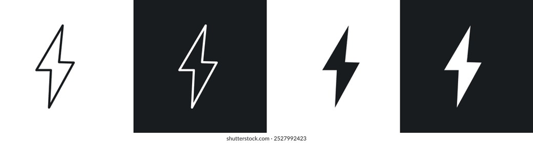 Conjunto de iconos de Vector de perno de relámpago relleno negro y estilo perfilado.