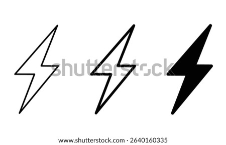 Lightning bolt icon vector set, outline, thick line, and filled versions, electricity, power, energy, flash, storm, and thunderbolt symbols for web, ui, and graphic design projects.