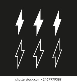 Lightning bolt icons. Bold white design. Black background vector. Clean line style.