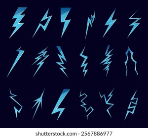 Lightning bolt icons. Cartoon blue thunderbolts. Different zigzag shapes. Energy burst and storm strikes. Electrical discharges. Thunderstorm flash flat symbols. Power