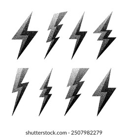 Lightning bolt icons collection. Dotted flash symbol, thunderbolt. Simple stipple lightning strike sign. Dot shading, drawing. Vector illustration