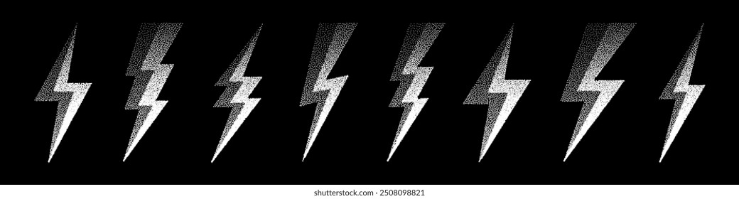 Lightning bolt icons collection. Dotted flash symbol, thunderbolt. Simple stipple lightning strike sign. Dot shading, drawing. Vector illustration