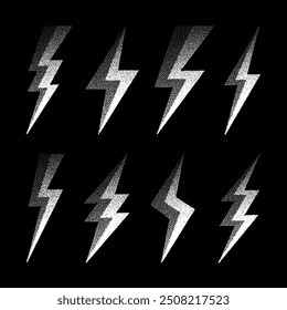 Lightning bolt icons collection. Dotted flash symbol, thunderbolt. Simple stipple lightning strike sign. Dot shading, drawing. Vector illustration