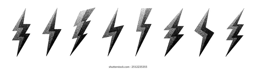 Blitz Blitz Icons Sammlung. Gepunktetes Blitzsymbol, Blitz. Einfache stipple Blitzschlag Zeichen. Punktschattierung, Zeichnung. Vektorgrafik