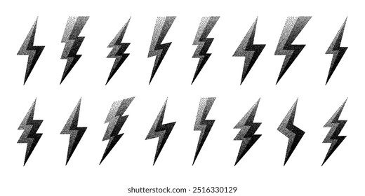 Blitz Blitz Icons Sammlung. Gepunktetes Blitzsymbol, Blitz. Einfache stipple Blitzschlag Zeichen. Punktschattierung, Zeichnung. Vektorgrafik