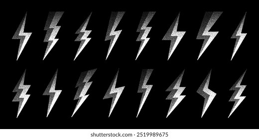 Lightning bolt icons collection. Dotted flash symbol, thunderbolt. Simple stipple lightning strike sign. Dot shading, drawing. Vector illustration