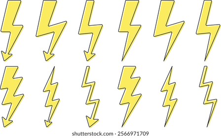 Lightning bolt icons collection. Flash symbol, thunderbolt. Simple lightning strike sign. Vector illustration.