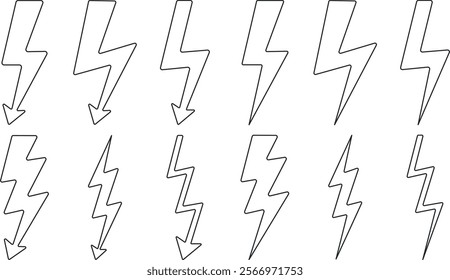 Lightning bolt icons collection. Flash symbol, thunderbolt. Simple lightning strike sign. Vector illustration.