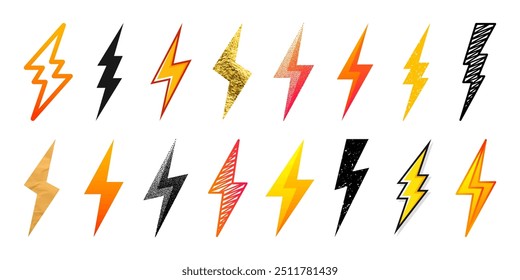 Lightning bolt icons collection. Golden, grunge, stippled, hand drawn flash symbol, thunderbolt. Dot drawing. Simple lightning strike sign. Vector illustration