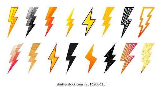 Lightning bolt icons collection. Golden, grunge, stippled, hand drawn flash symbol, thunderbolt. Dot drawing. Simple lightning strike sign. Vector illustration