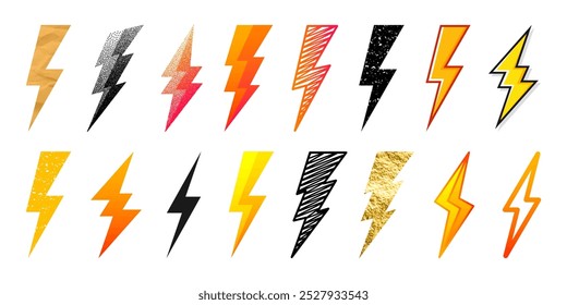 Lightning bolt icons collection. Golden, grunge, stippled, hand drawn flash symbol, thunderbolt. Dot drawing. Simple lightning strike sign. Vector illustration