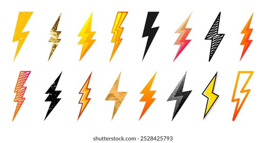 Lightning bolt icons collection. Golden, grunge, stippled, hand drawn flash symbol, thunderbolt. Dot drawing. Simple lightning strike sign. Vector illustration