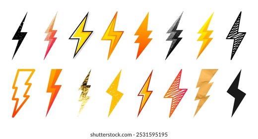 Lightning bolt icons collection. Golden, grunge, stippled, hand drawn flash symbol, thunderbolt. Dot drawing. Simple lightning strike sign. Vector illustration