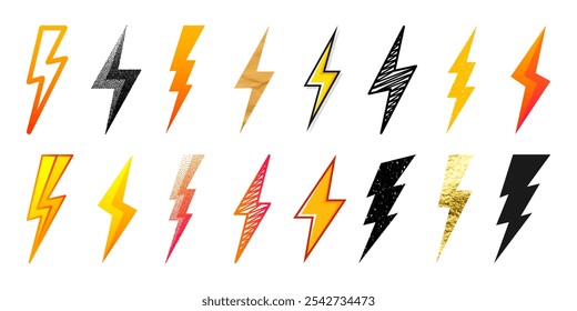 Lightning bolt icons collection. Golden, grunge, stippled, hand drawn flash symbol, thunderbolt. Dot drawing. Simple lightning strike sign. Vector illustration