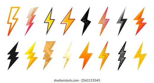 Lightning bolt icons collection. Golden, grunge, stippled, hand drawn flash symbol, thunderbolt. Dot drawing. Simple lightning strike sign. Vector illustration