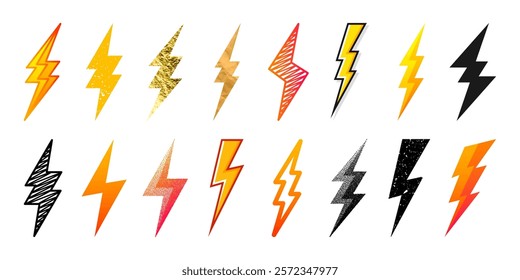 Lightning bolt icons collection. Golden, grunge, stippled, hand drawn flash symbol, thunderbolt. Dot drawing. Simple lightning strike sign. Vector illustration