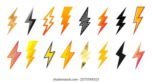 Lightning bolt icons collection. Golden, grunge, stippled, hand drawn flash symbol, thunderbolt. Dot drawing. Simple lightning strike sign. Vector illustration