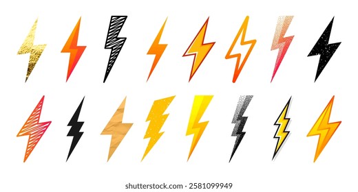 Lightning bolt icons collection. Golden, grunge, stippled, hand drawn flash symbol, thunderbolt. Dot drawing. Simple lightning strike sign. Vector illustration