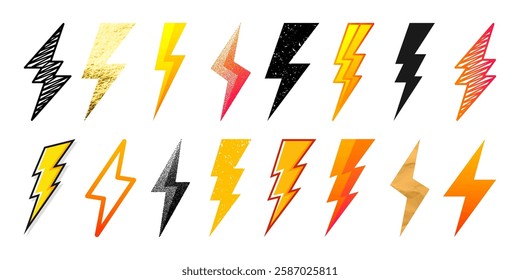 Lightning bolt icons collection. Golden, grunge, stippled, hand drawn flash symbol, thunderbolt. Dot drawing. Simple lightning strike sign. Vector illustration