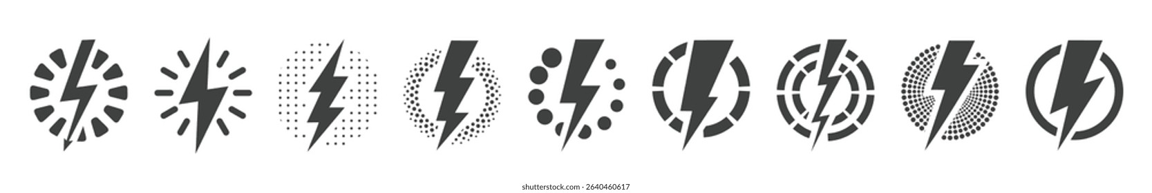 Lightning bolt icons in dotted circles. Vintage flash symbol, thunderbolt vector illustration. Lightning strike sign