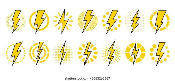 Lightning bolt icons in dotted circles. Vintage flash symbol, thunderbolt vector illustration. Lightning strike sign
