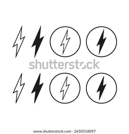 Lightning bolt icons. Electric power symbols. Energy charge elements. Vector thunder signs.