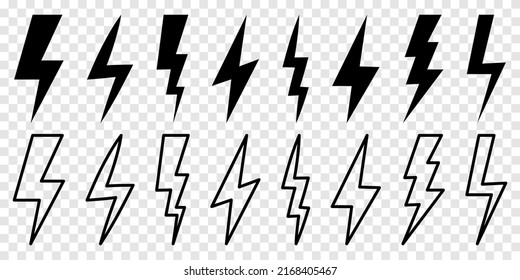 Lightning bolt icons in flat and line art style. Design for web and mobile app. Vector illustration isolated on transparent background