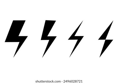 Lightning bolt icons. Four vector designs. Black silhouettes. Electric energy symbols.