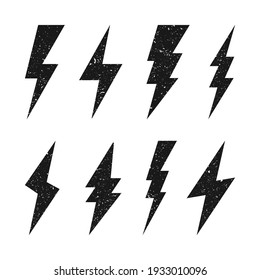 Lightning bolt icons with grunge texture isolated on white background. Vintage flash symbol, thunderbolt. Simple lightning strike sign. Vector illustration.