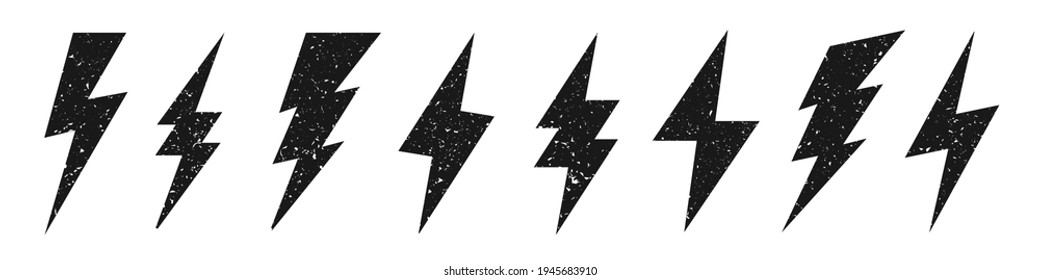 Lightning bolt icons with grunge texture isolated on white background. Vintage flash symbol, thunderbolt. Simple lightning strike sign. Vector illustration.