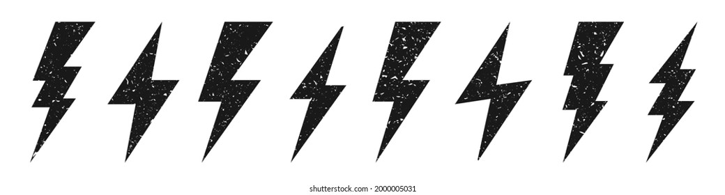 Lightning bolt icons with grunge texture isolated on white background. Vintage flash symbol, thunderbolt. Simple lightning strike sign. Vector illustration.